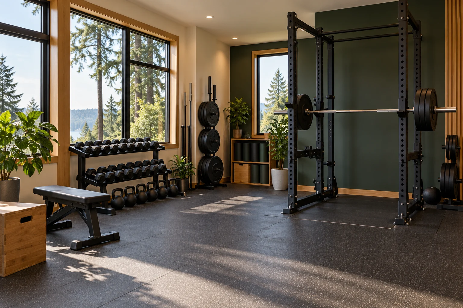Bright boutique strength and conditioning studio with a squat rack, dumbbells, and open training space