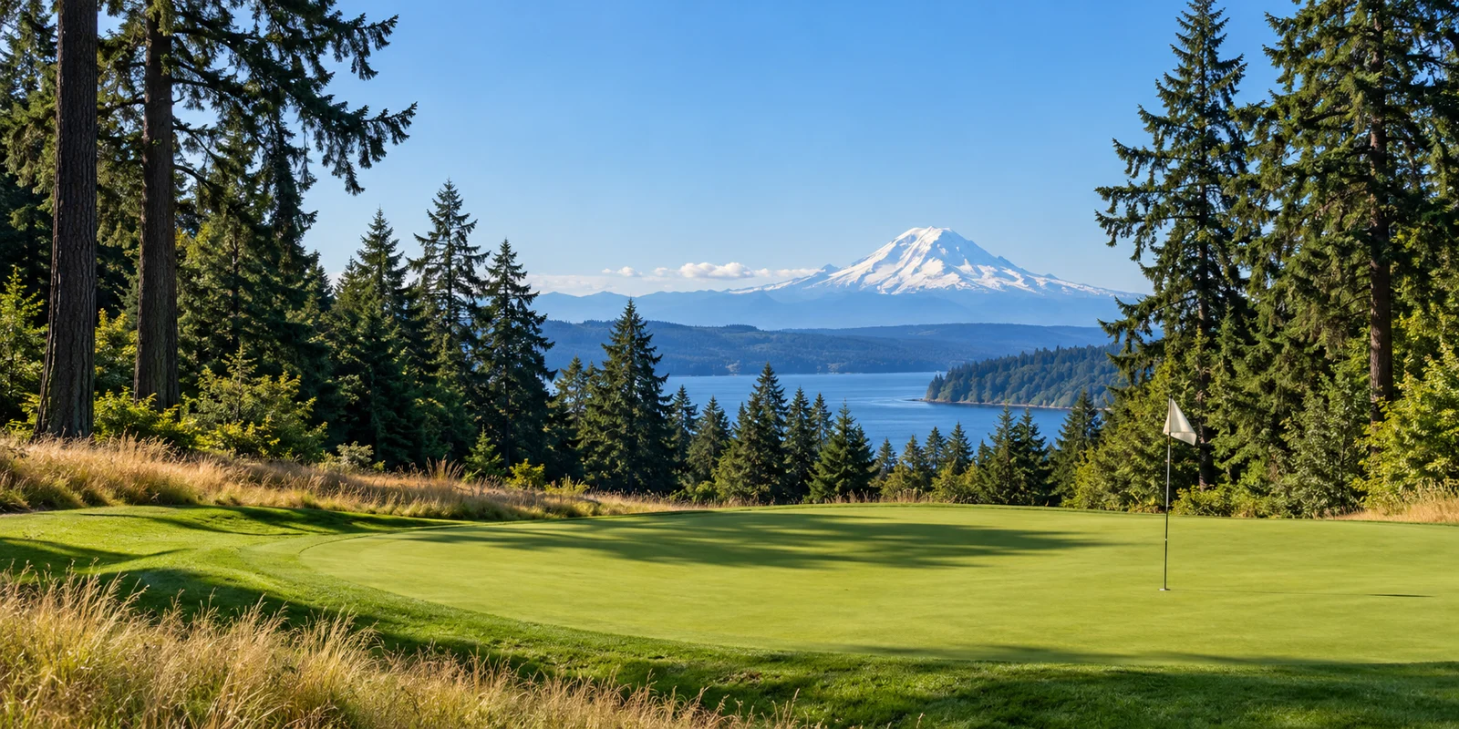 Pacific Northwest putting green framed by fir trees with Mount Rainier in the distance